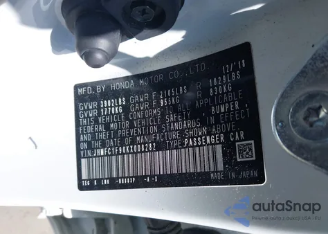 2019 Honda Civic Touring из США, поврежденный, VIN JHMFC1F90KX008282